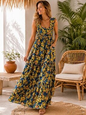 Skies Are Blue Floral Maxi Dress - Lined - Tropical. Preloved